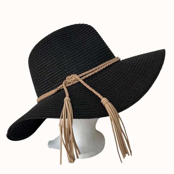 MudPie Wide Brim Sun Hat Boho Floppy Black Braided Band Tassels Beach Cruise main image 4